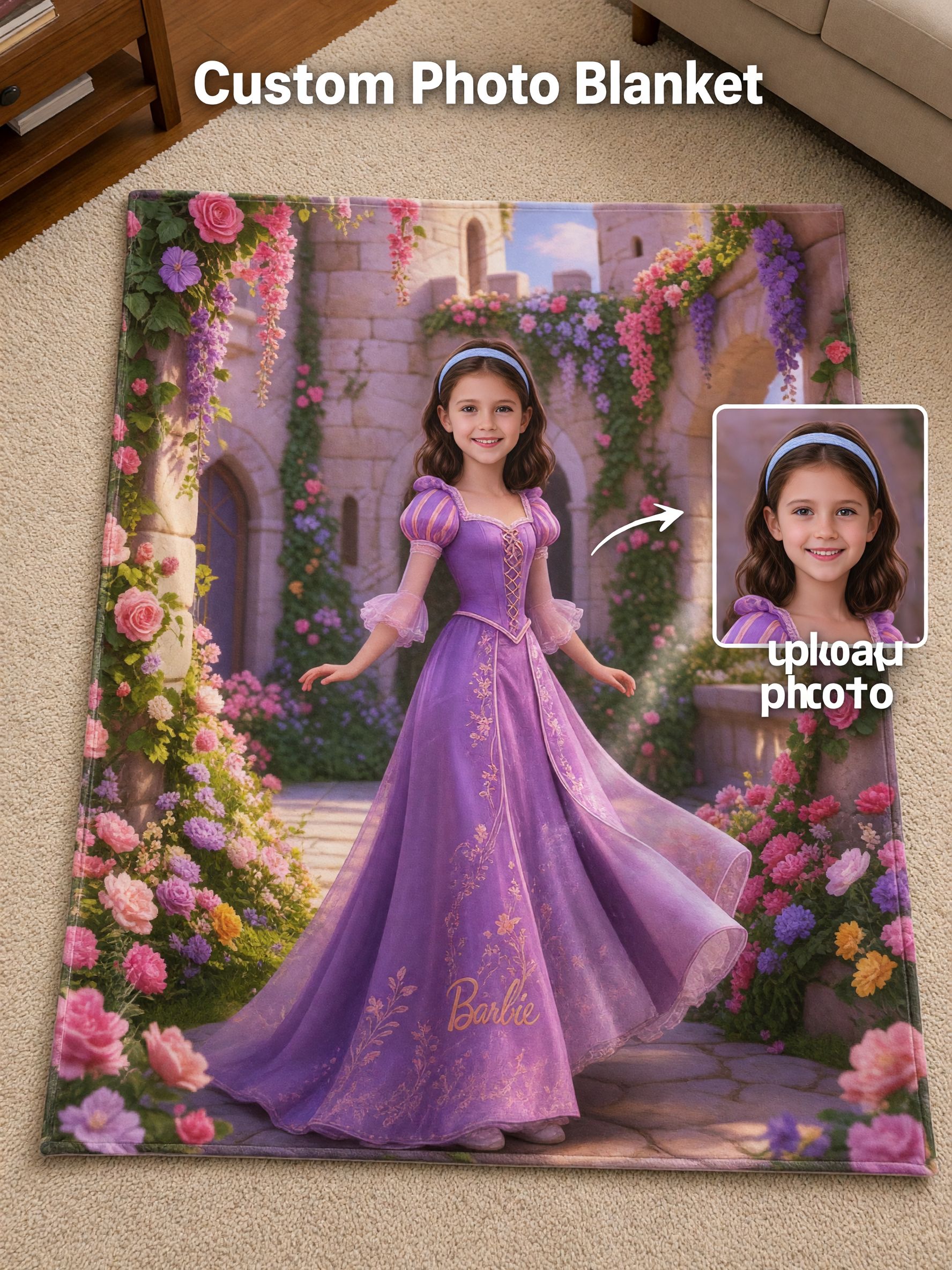 Custom Photo Face Blanket Personalized Fairytale Princess Portrait Ultra Soft Flannel Fleece Throw for Kids Girls Gift