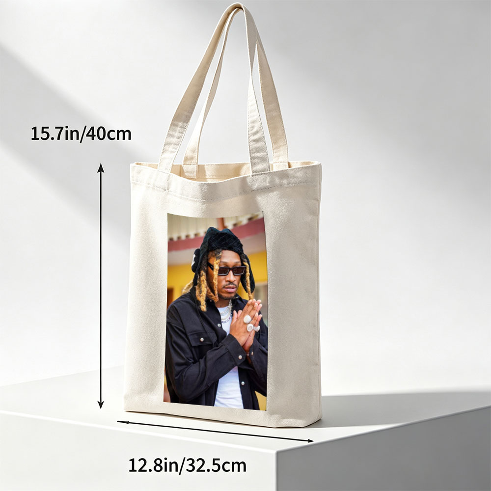 Wiz Khalifa in a stylish urban look with dreadlocks, sunglasses, and layered jewelry, hands clasped in front of a colorful building. - Canvas tote bags
