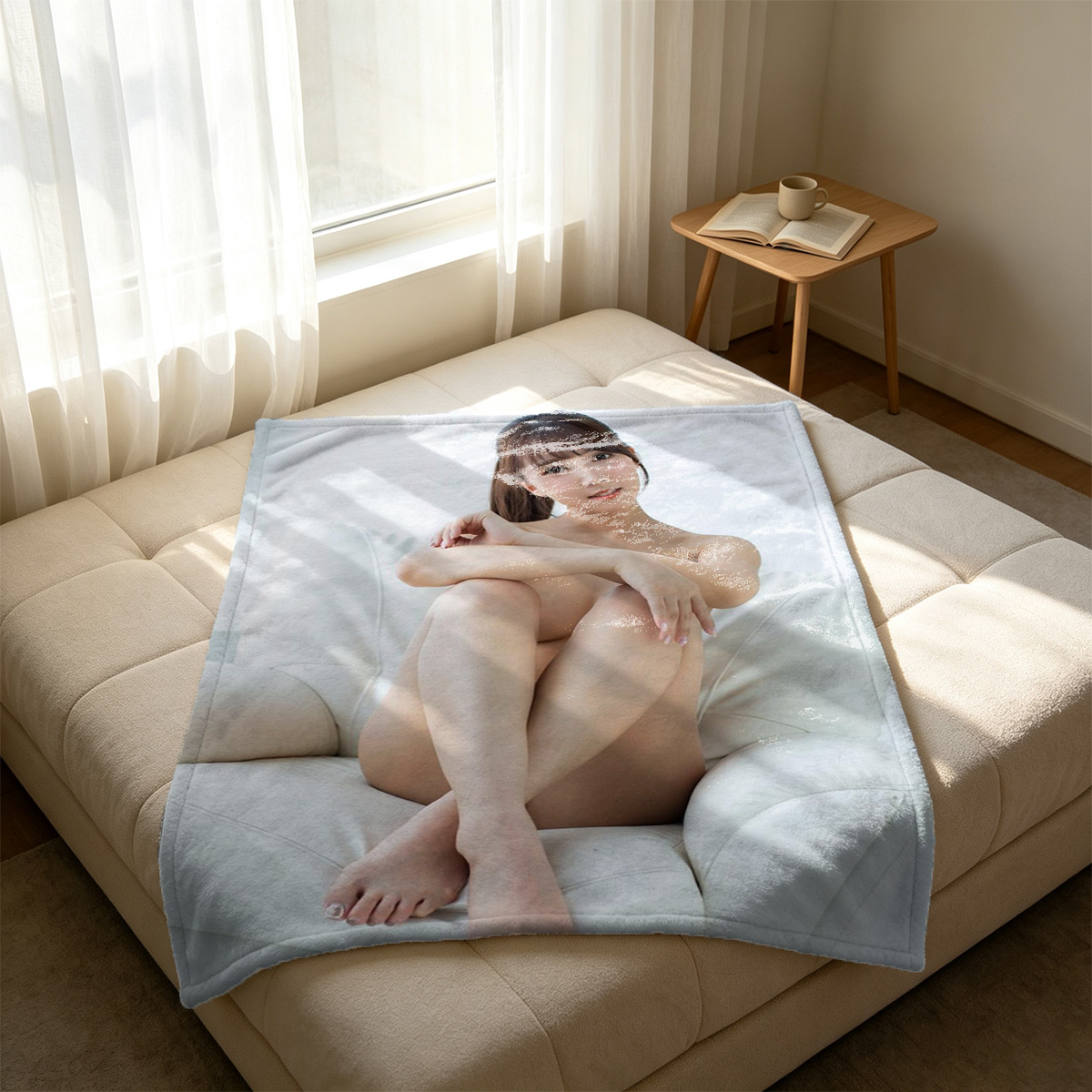 Two Women in Black Lingerie and Stockings, One Blindfolded and Leashed on Orange Couch - Blanket
