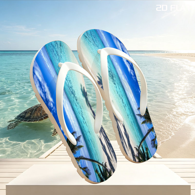 Tropical Beach with Crystal Clear Water and Palm Trees -  flip-flops