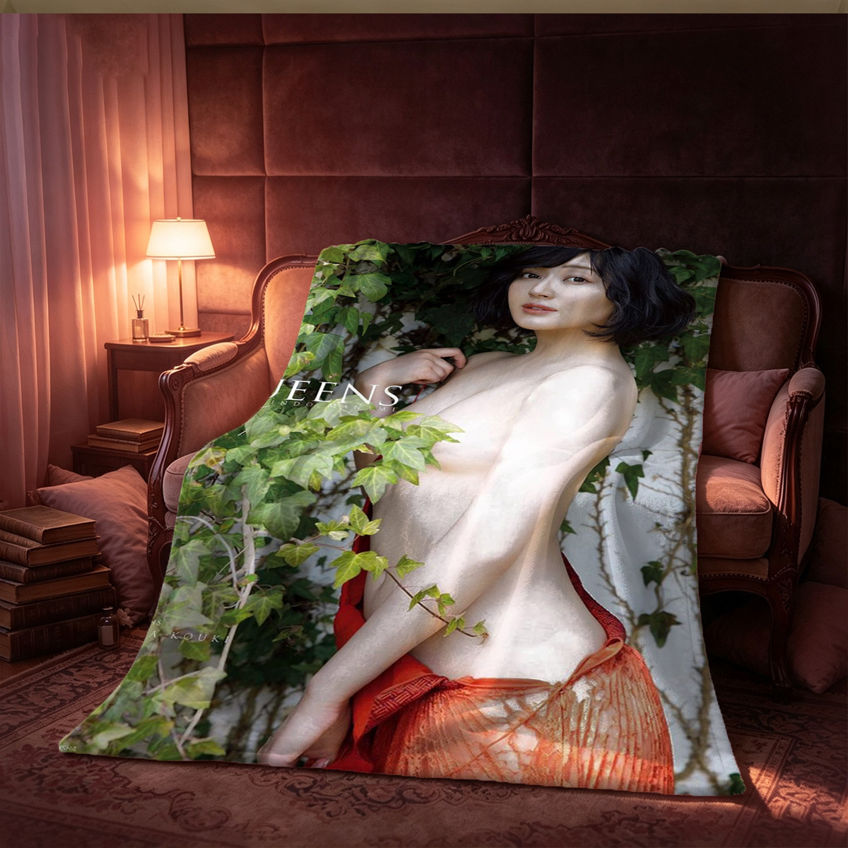 A woman in an unbuttoned white shirt kneeling on a bed, looking back over her shoulder. - Blanket
