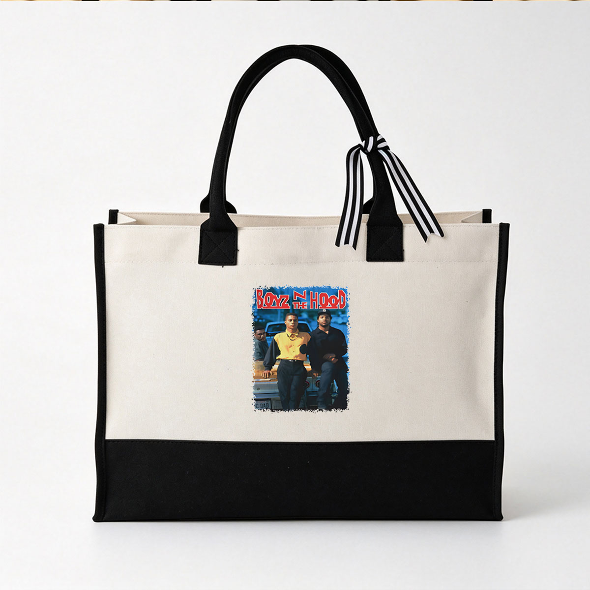 Boyz n the Hood: Three Young Men in Urban Setting with Car Background - Canvas patchwork gift tote bag