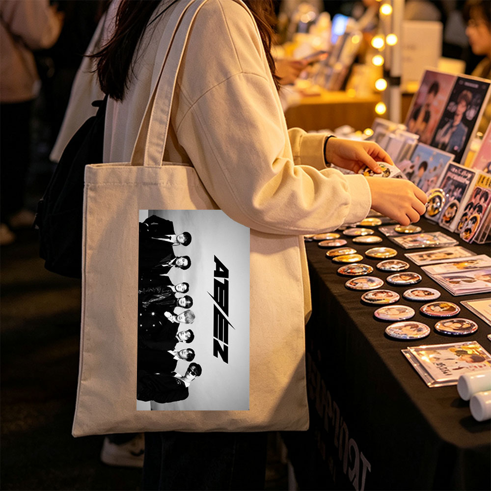 SEVENTEEN in Formal Attire Standing in a Line with Bold Logo on Gray Background - Canvas tote bags