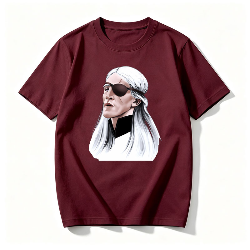 White-Haired Man with Eye Patch, Long Hair, Dark Clothing, Profile View - Tee