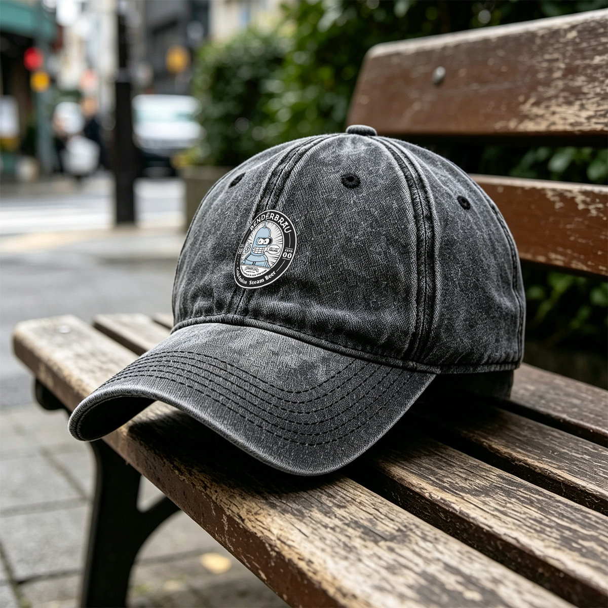 Bender Brau: Cold-Fusion Steam Beer Featuring Bender from Futurama - Washed Denim - Baseball Cap