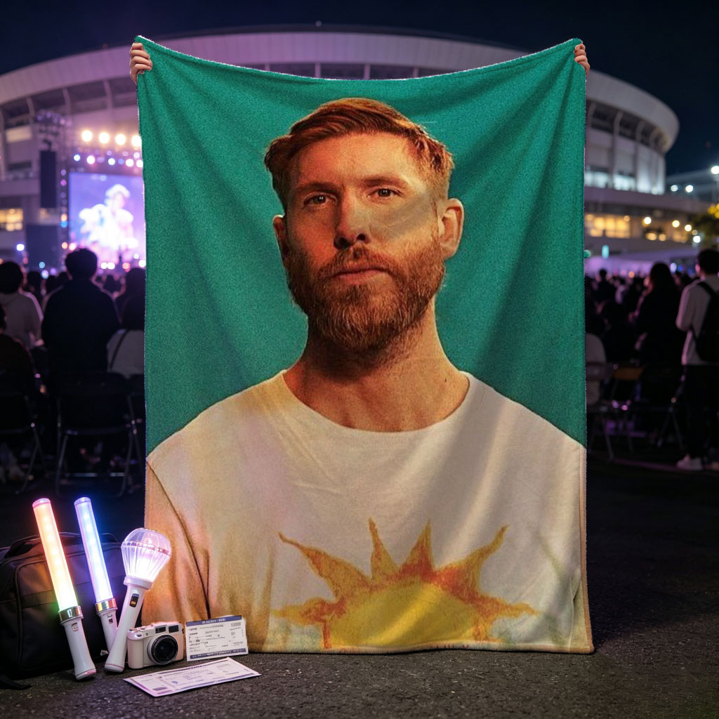 Calvin Harris in a Sun-Themed T-Shirt Against a Teal Background - Blankets