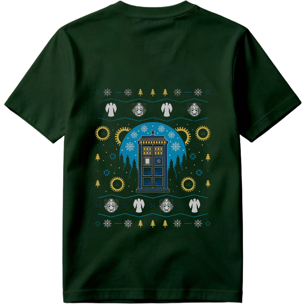 Doctor Who Christmas Sweater Design Featuring TARDIS, Weeping Angels, and Cybermen - Tee