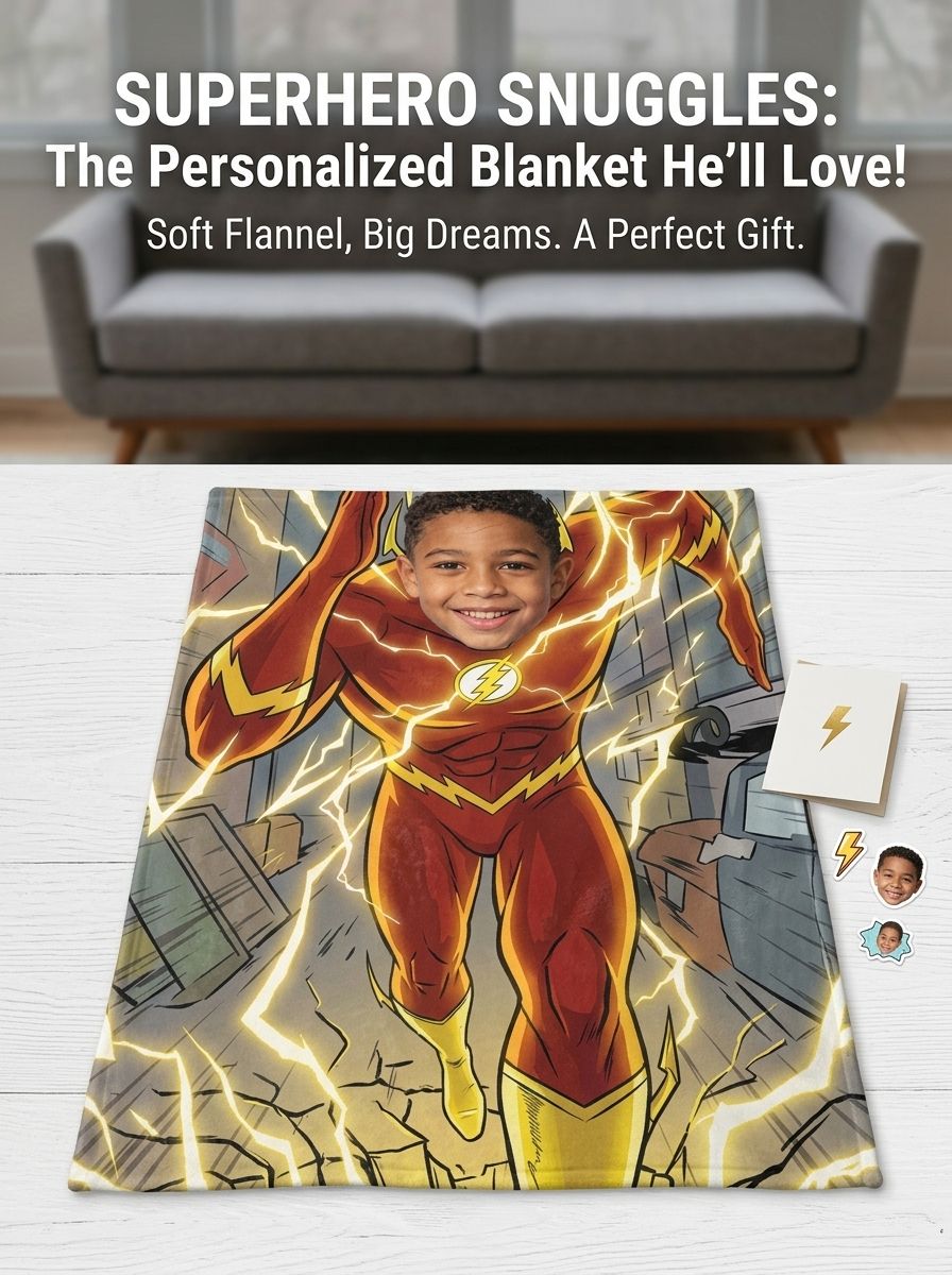Custom Photo Superhero Flannel Blanket Ultra Soft Personalized Face Throw Fleece Blanket for Kids Boys Birthday Gift