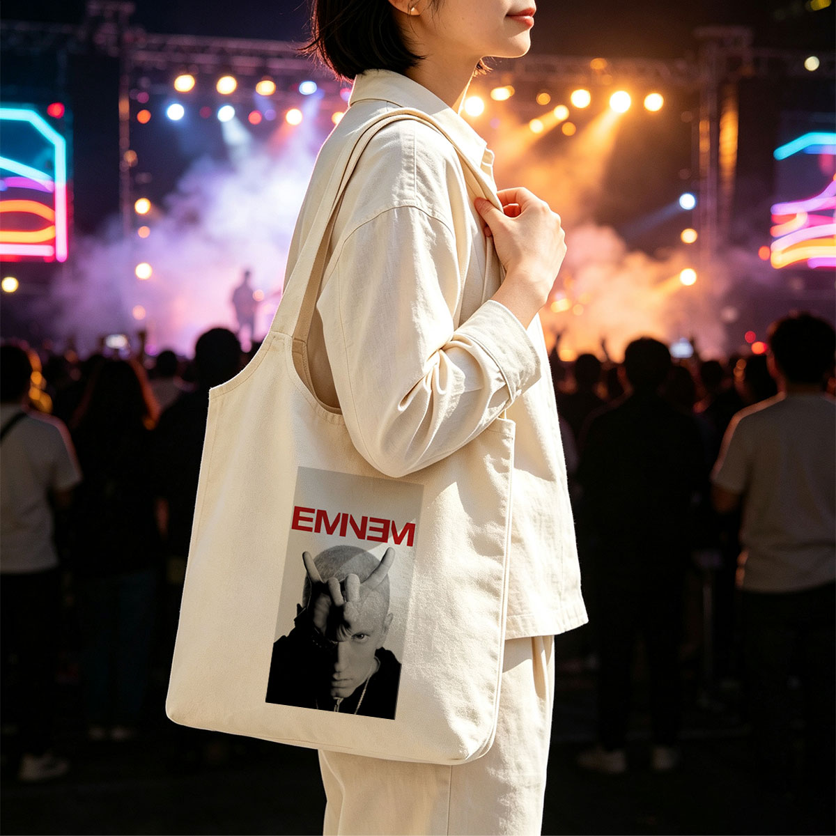 Eminem Making Hand Gesture in Black and White Portrait - Canvas shoulder bags/