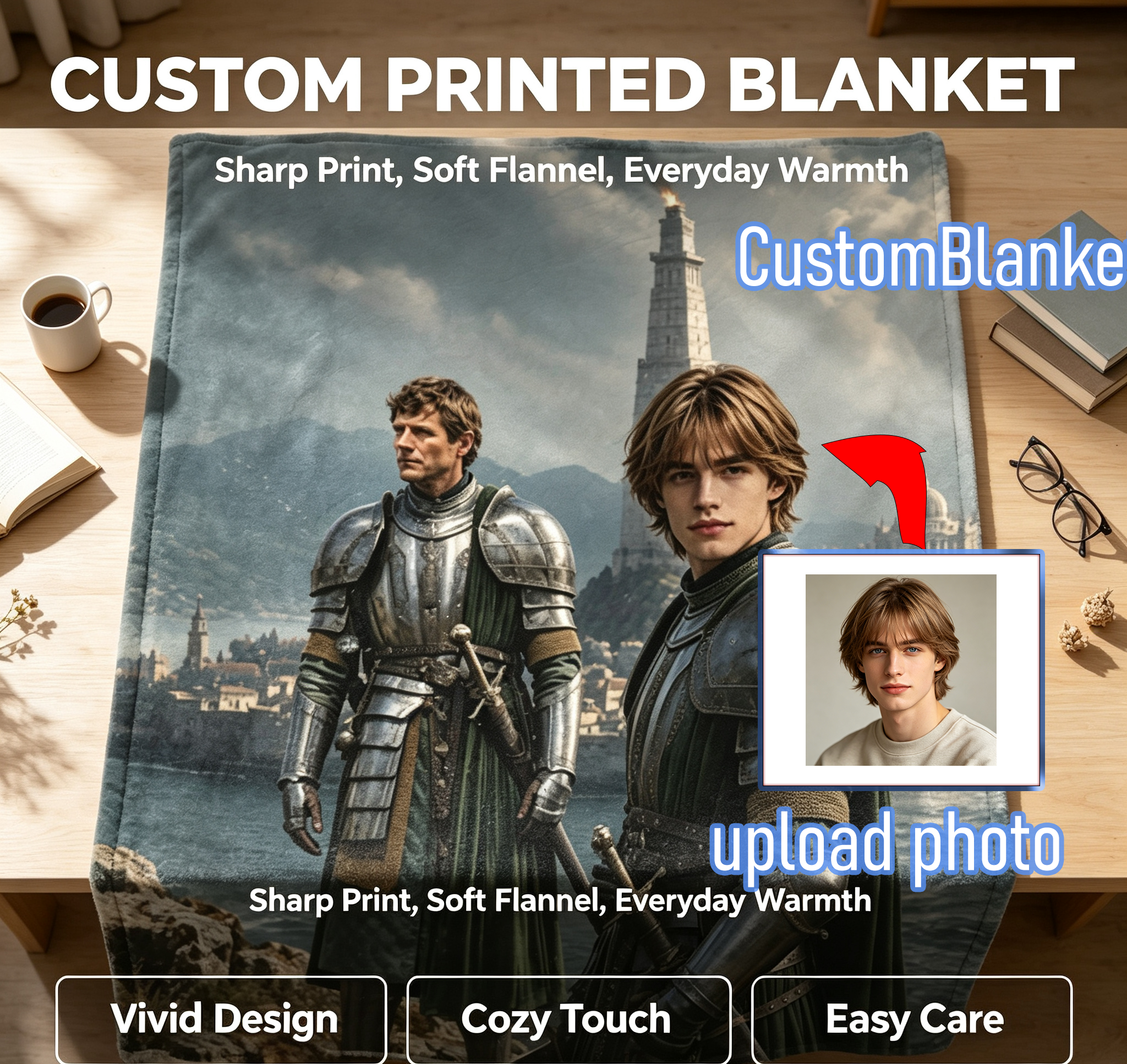 Custom Face Blanket Featuring Knights in Armor Standing on Cliffs with Medieval Cityscape Background Flannel Blanket Perfect for Couch or Bed Use Ideal Gift for Fantasy Lovers and Game of Thrones Fans