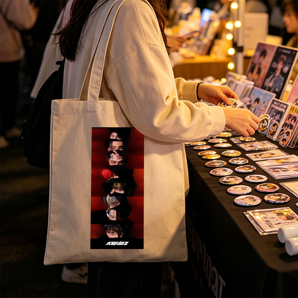 ATEEZ Dark Red Background Vertical Portrait Collage with Members' Eyes and Hair Details - Canvas tote bags