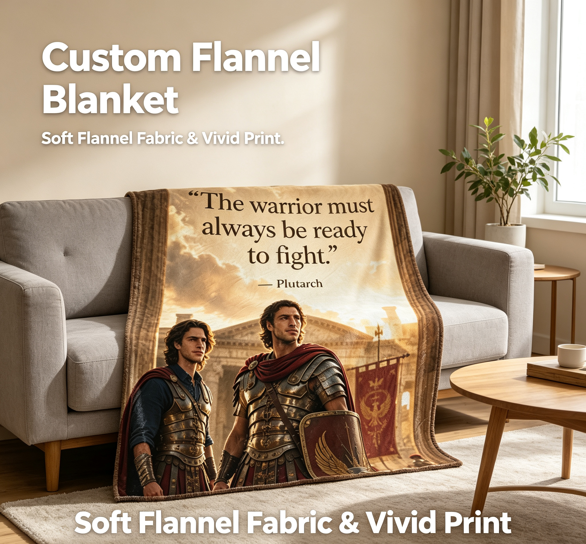 Custom Face Blanket Featuring Roman Warrior Scene with Plutarch Quote Flannel Blanket for Home Decor and Cozy Nights Perfect Gift for History Lovers and Ancient Rome Enthusiasts