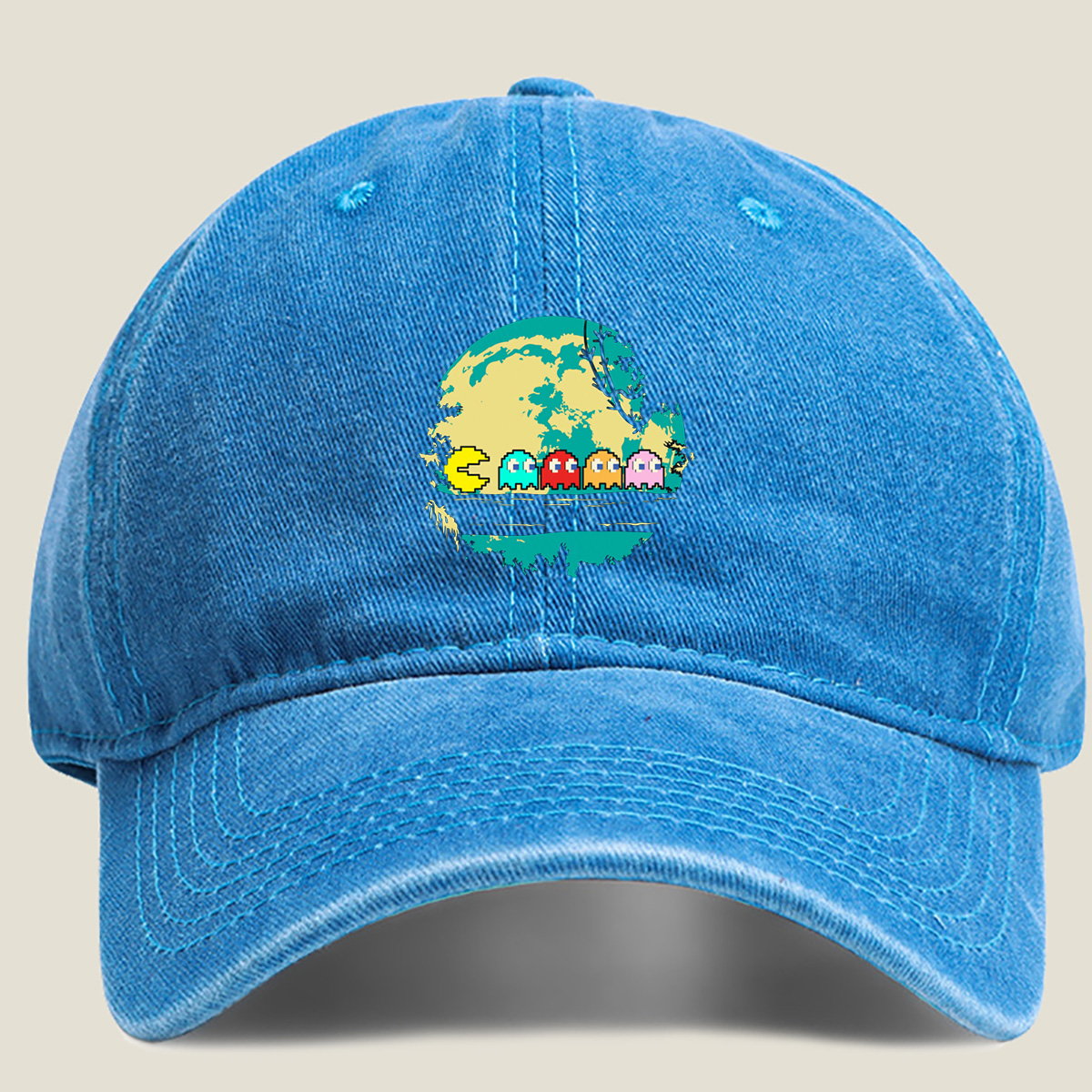 Pac-Man and Ghosts Under the Moon - Washed Denim - Baseball Cap