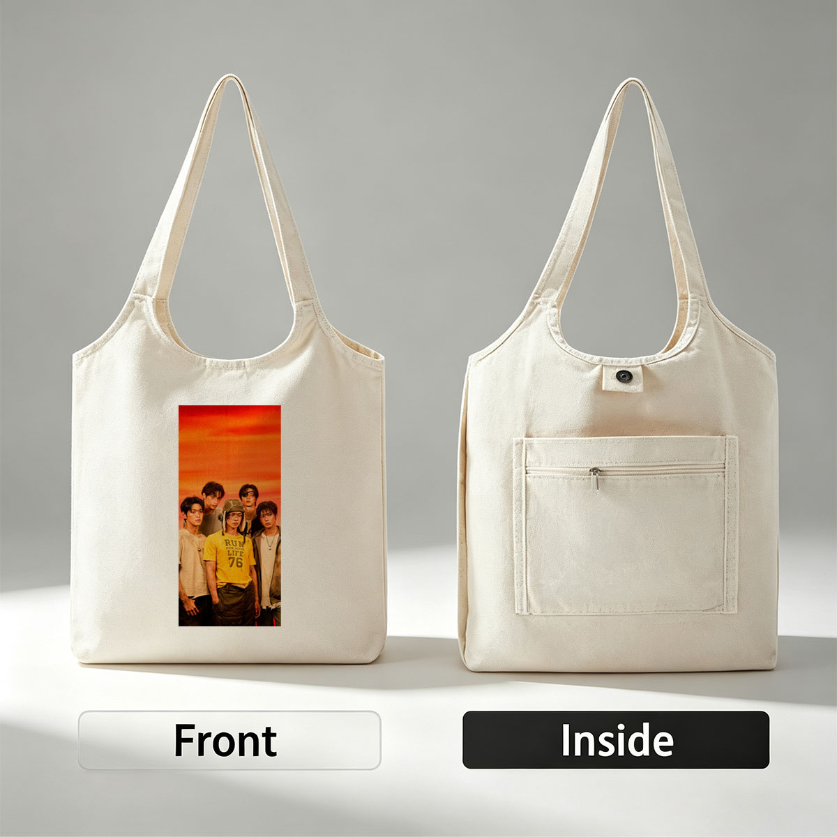 TXT Members in a Bold Group Pose Against a Vibrant Orange Sky Background - Canvas shoulder bags/