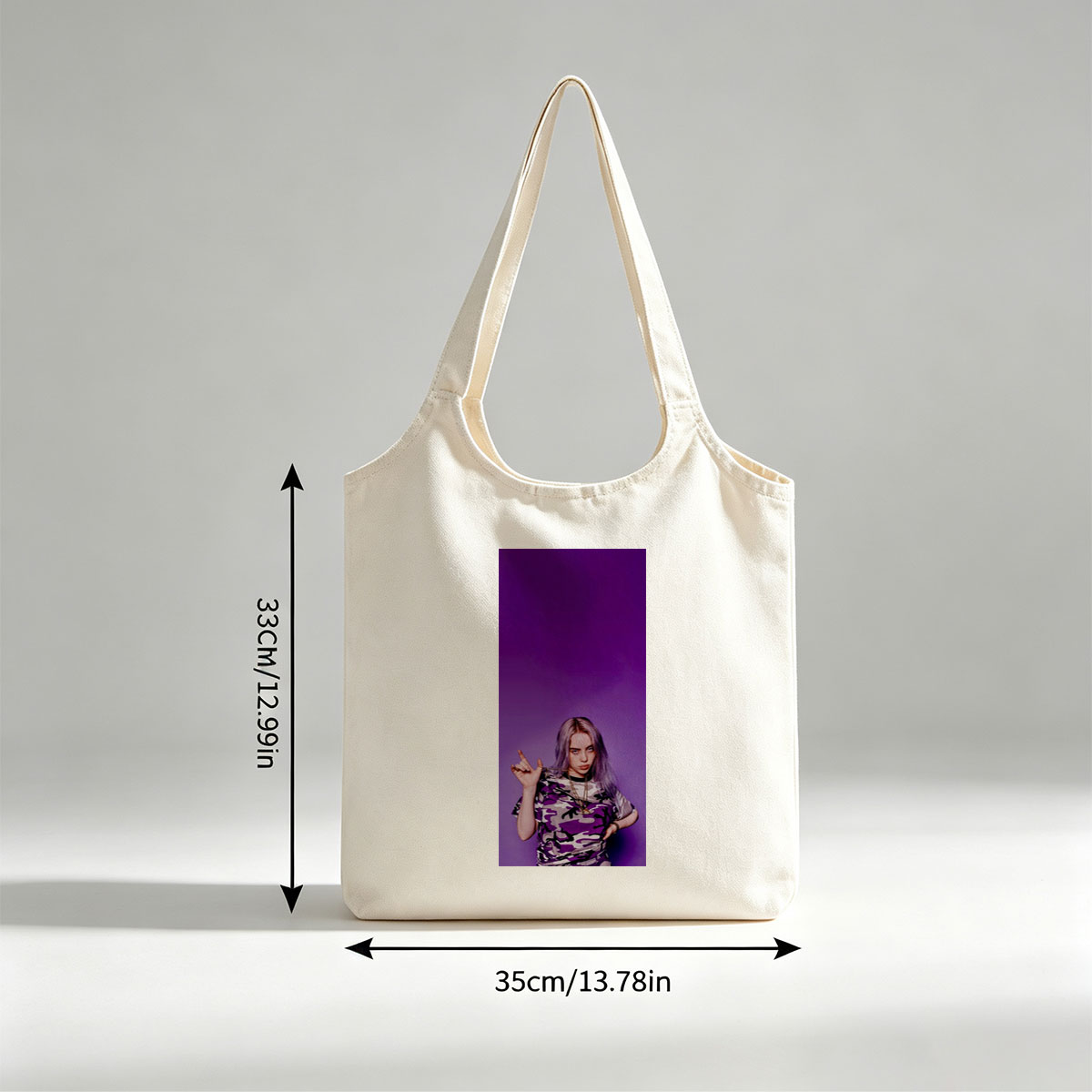 Billie Eilish in Purple Camo Outfit Making Hand Gesture Against Vibrant Background - Canvas shoulder bags/