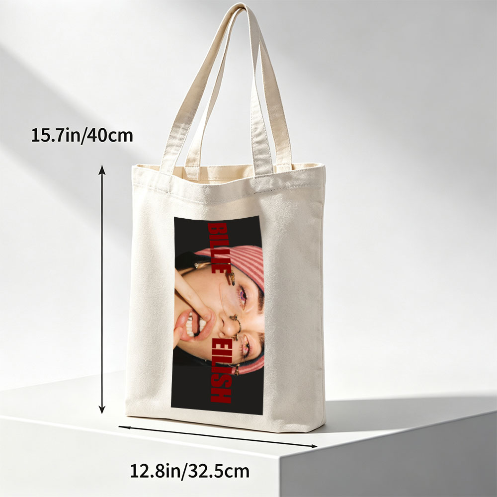 Billie Eilish Close-Up Portrait with Bold Red Text and Striped Beanie - Canvas tote bags