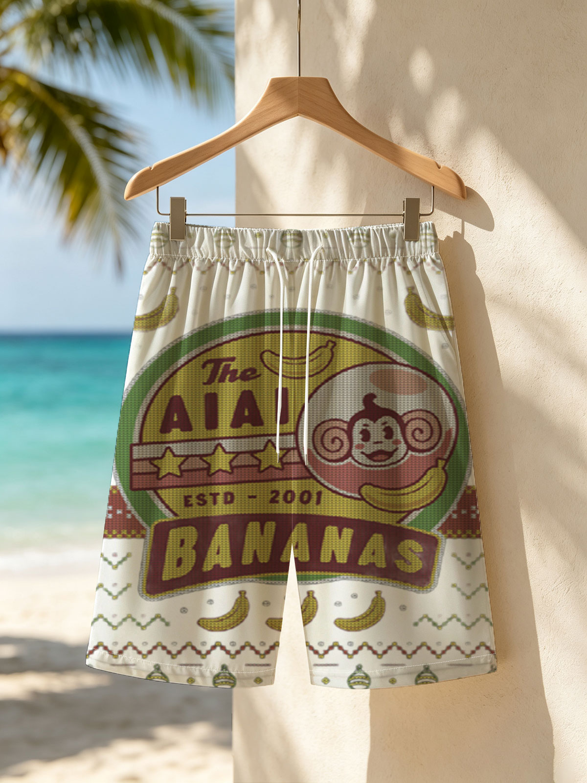 The AIAI Bananas - Est. 2001, Monkey Logo with Bananas and Festive Pattern -  Beach shorts