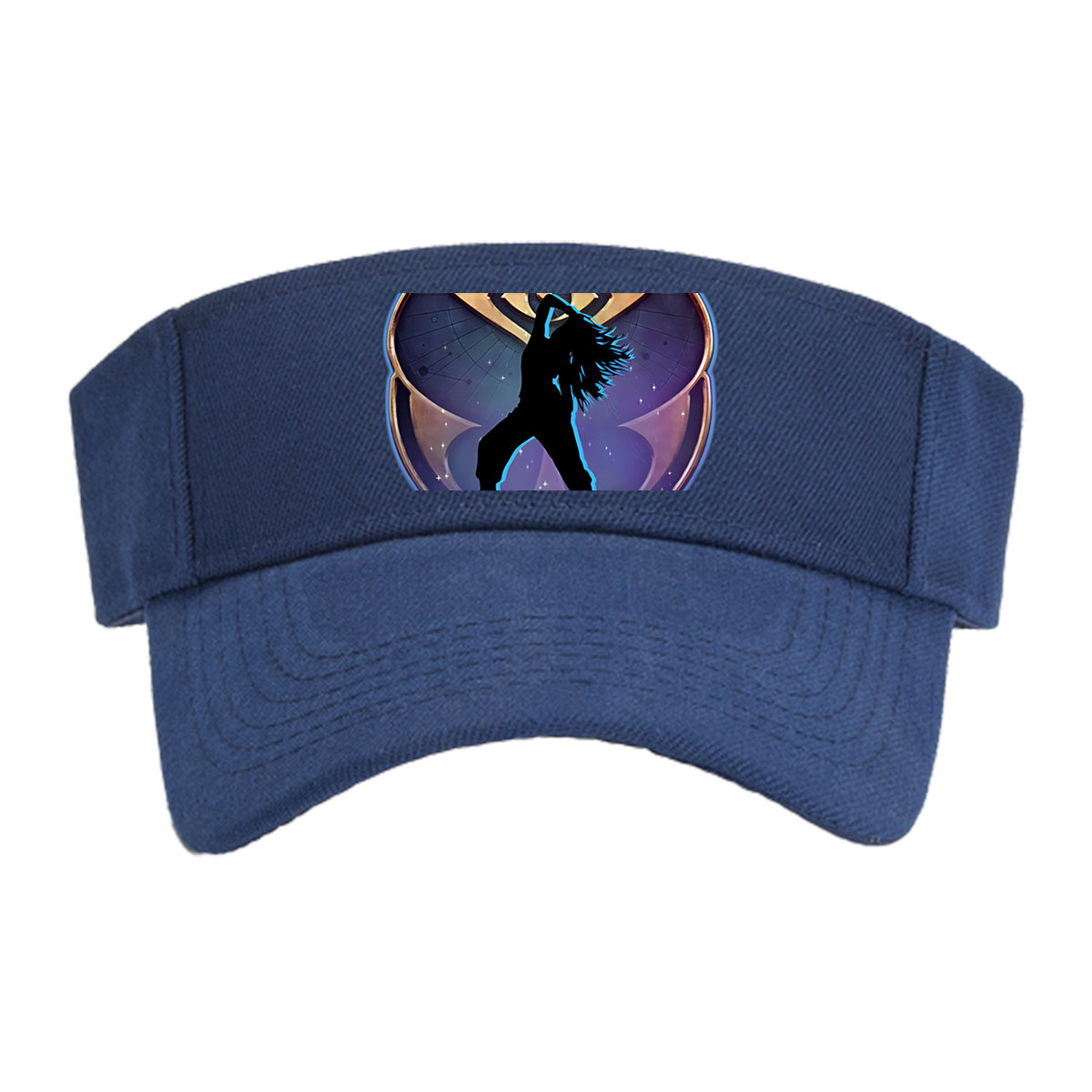 Silhouette of a dancer in front of an eye emblem, cosmic background -  Visor cap