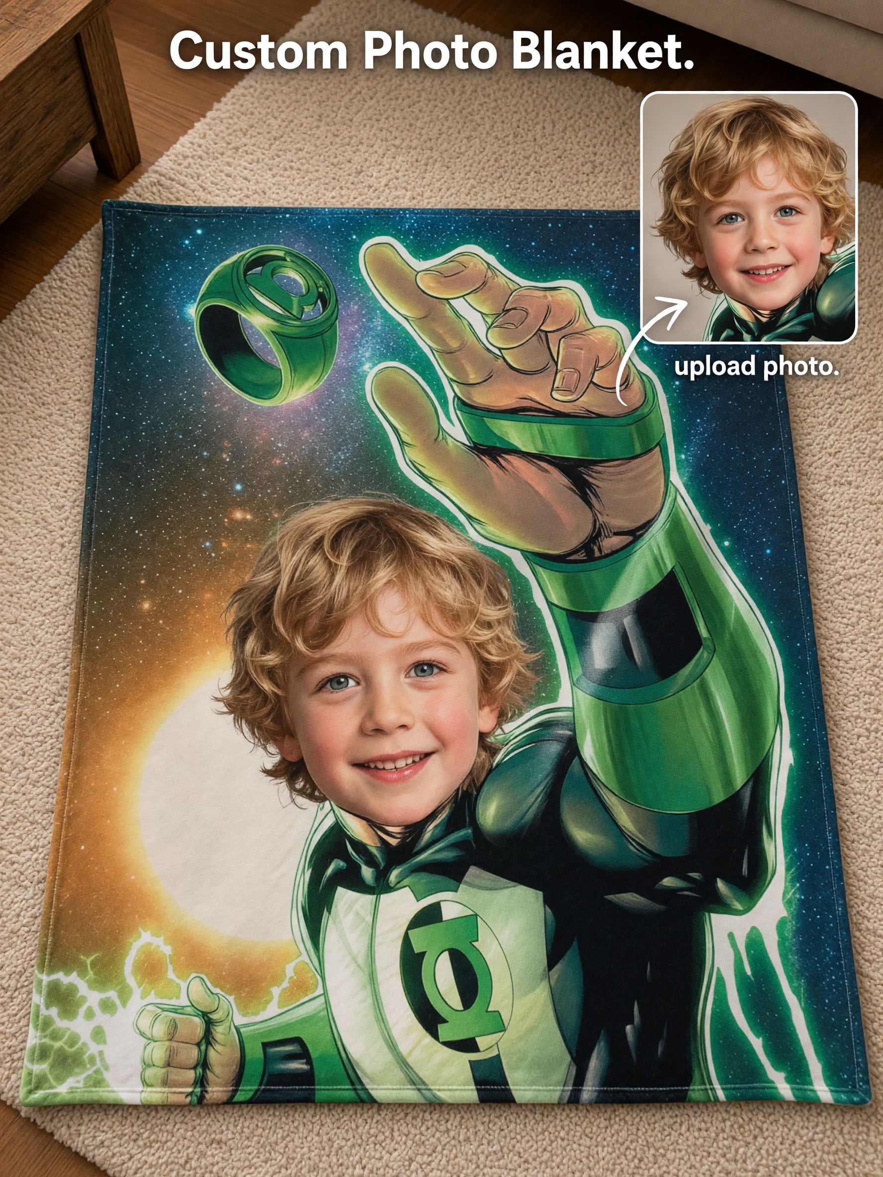 Custom Face Flannel Blanket Personalized Green Space Hero Avatar Throw Ultra-Soft Anti-Pilling Cozy Gift for Kids and