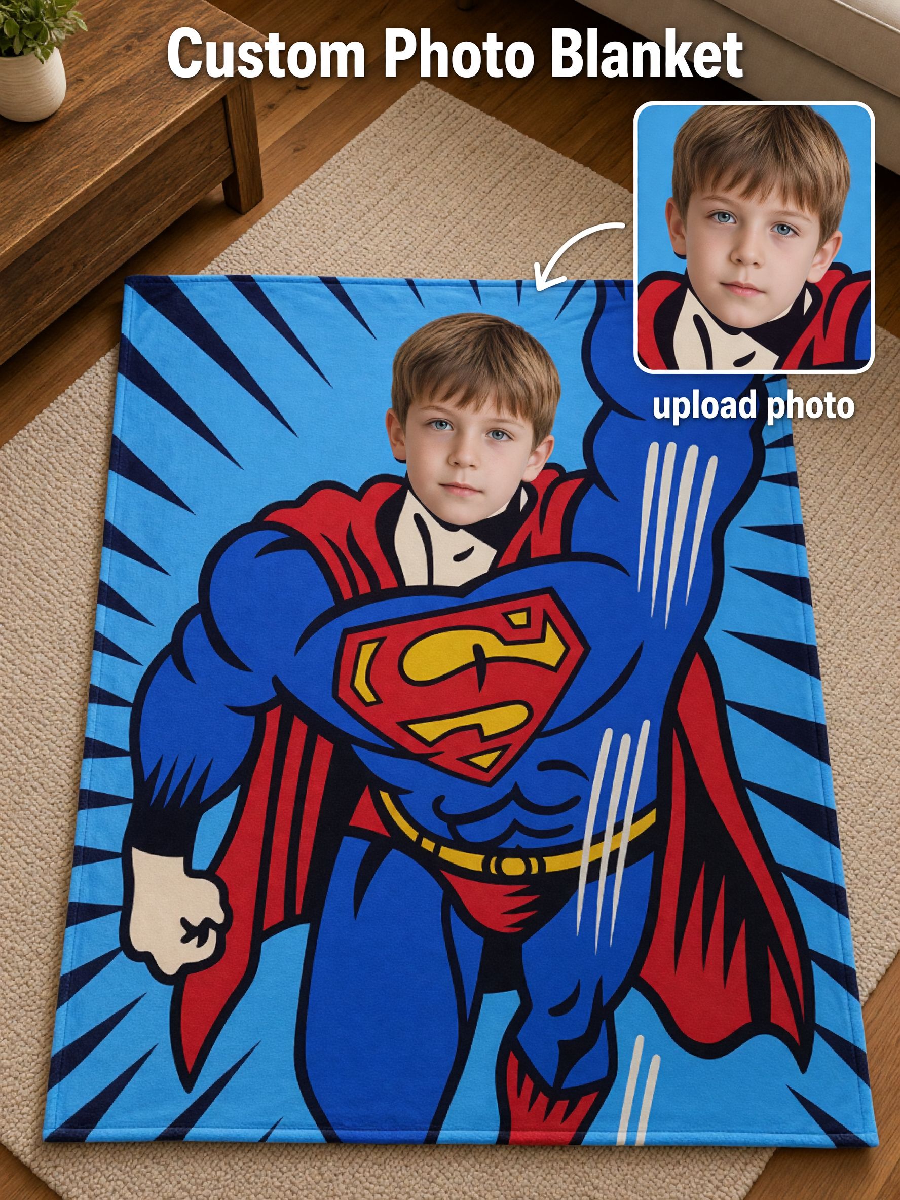 Personalized Superhero Face Photo Blanket, Custom Comic Throw Blanket for Kids and Adults, Cozy Plush Keepsake Gift