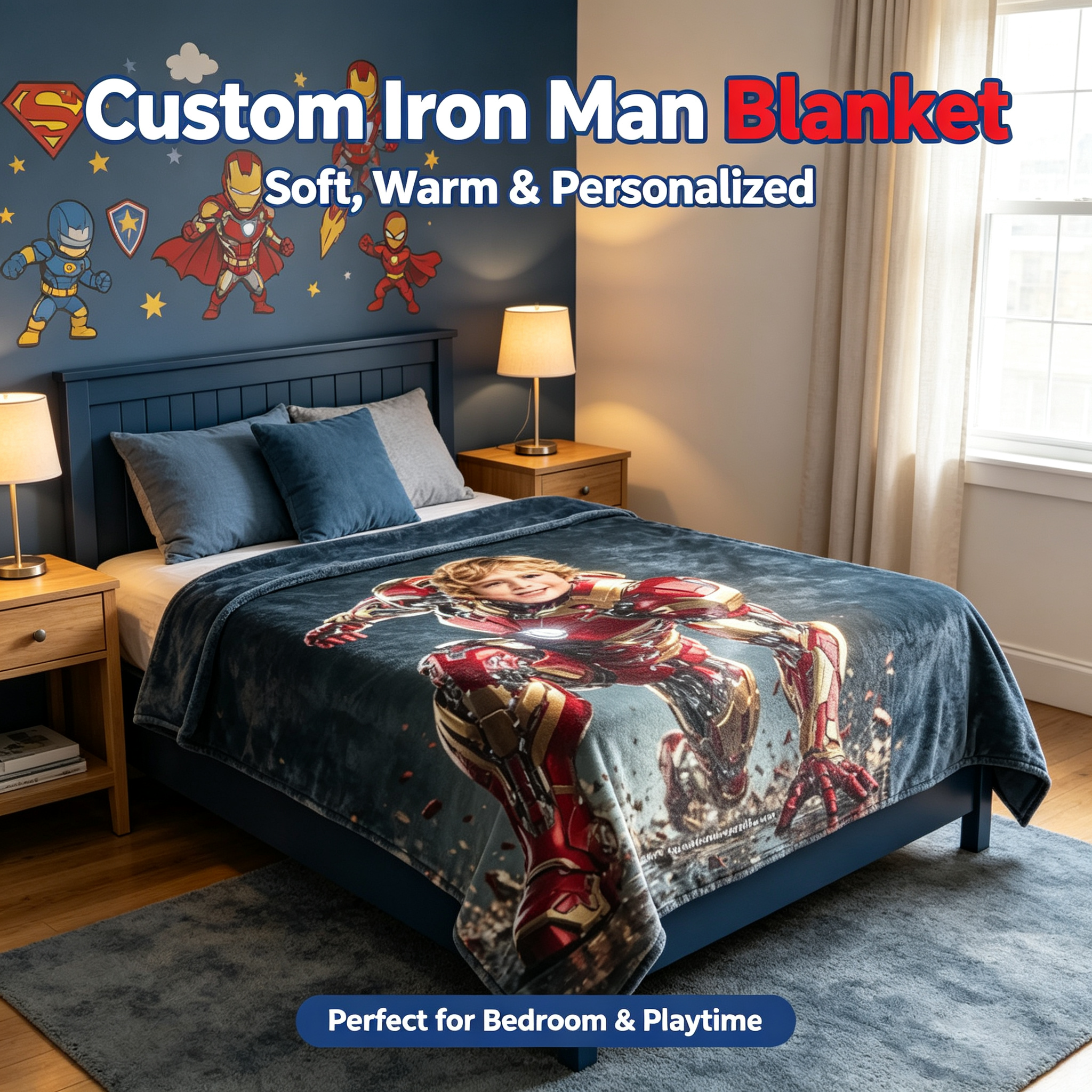 Personalized Iron Man Crouch Pose Custom Photo Blanket, Superhero Throw Blanket, Unique Birthday Gift for Little Boy