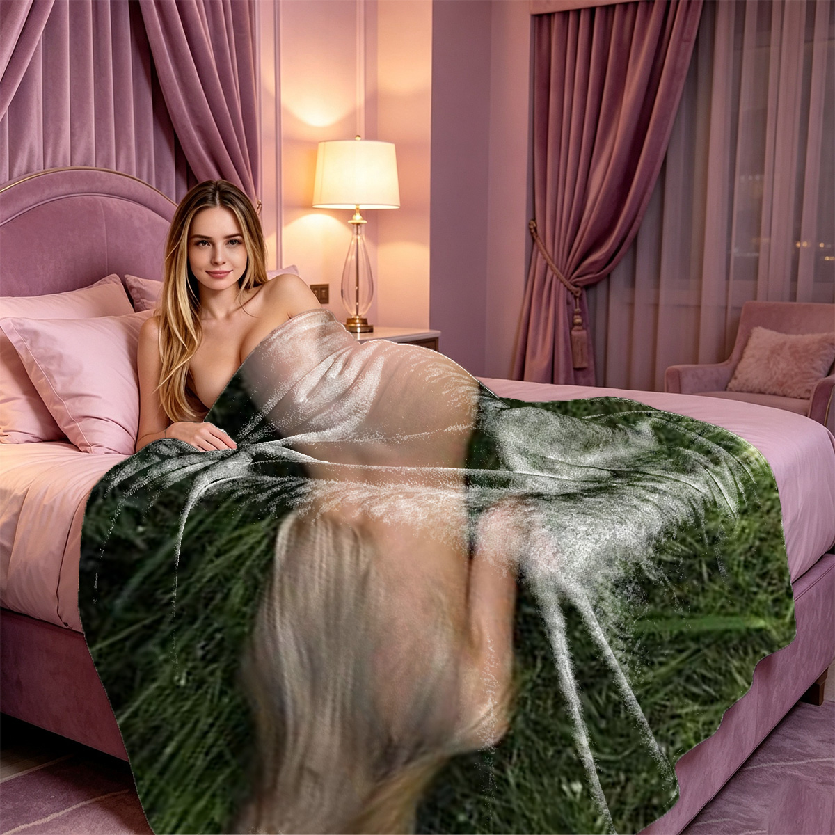 A woman in gray sheer lingerie and stockings posing in a bedroom. - Blanket