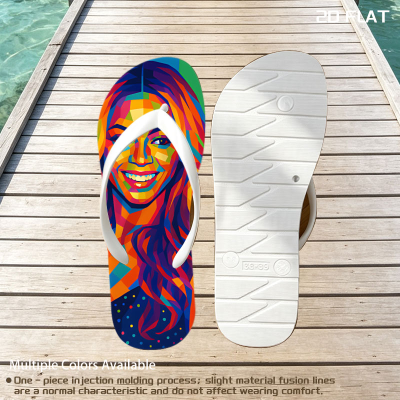 Colorful Portrait of a Smiling Woman with Vibrant Geometric Patterns -  flip-flops