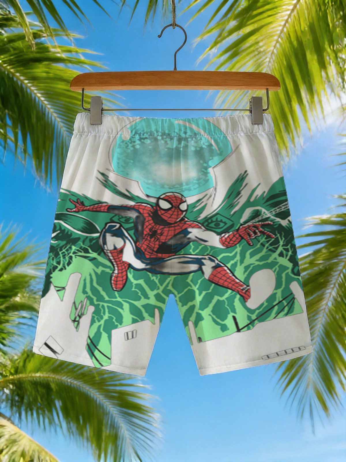 Spider-Man Swings Through the City Under a Glowing Moon -  Beach shorts