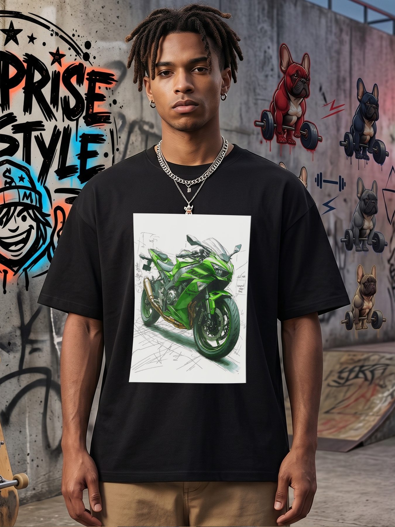 Men's Graphic T-Shirt Green Motorcycle Design Sketch Style Casual Round Neck Summer Lightweight Breathable Short Sleeve T-Shirt for Bikers and Motorbike Enthusiasts Adult Male Riders