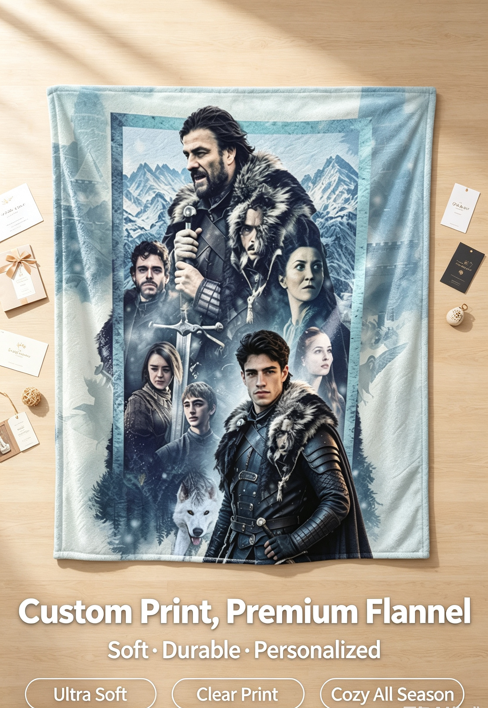 Custom Face Blanket House of Stark Flannel Blanket Winter is Coming Theme Gift for Fans and Collectors
