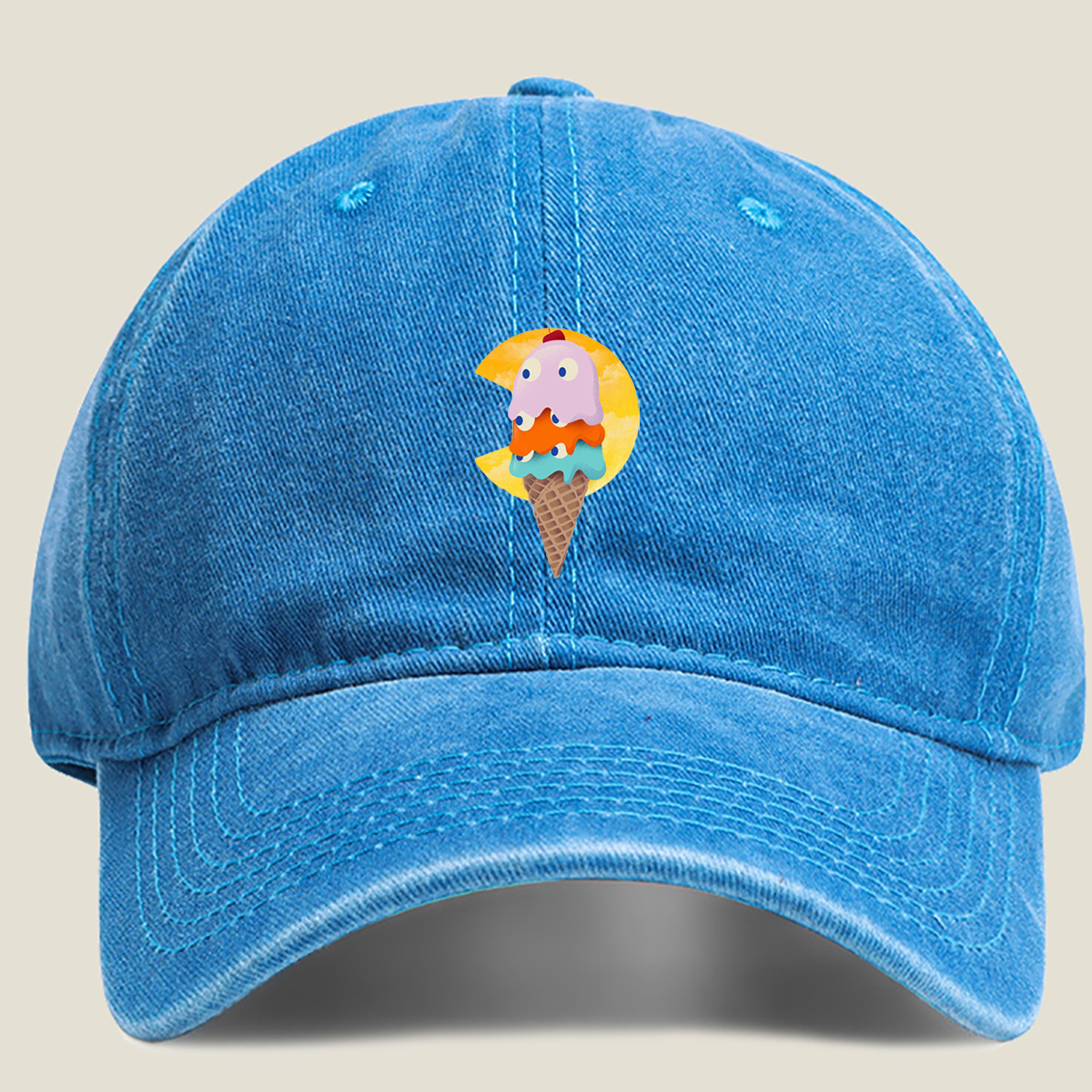 Pac-Man Ice Cream Cone - Washed Denim - Baseball Cap