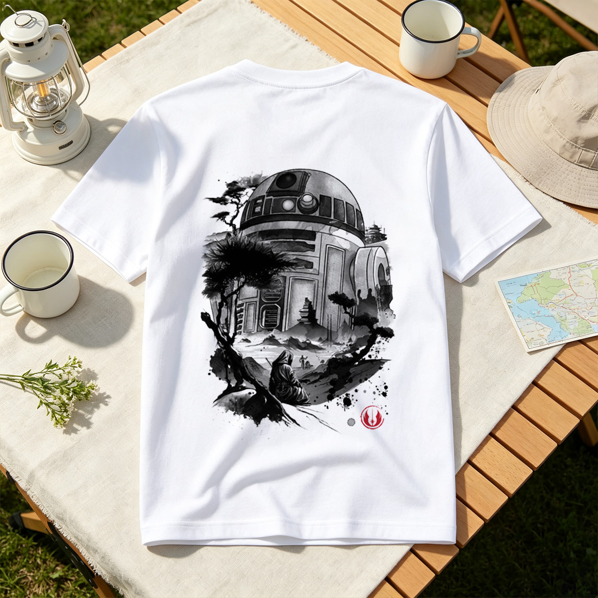 Star Wars: R2-D2 and Jedi in Serene Landscape - Tee
