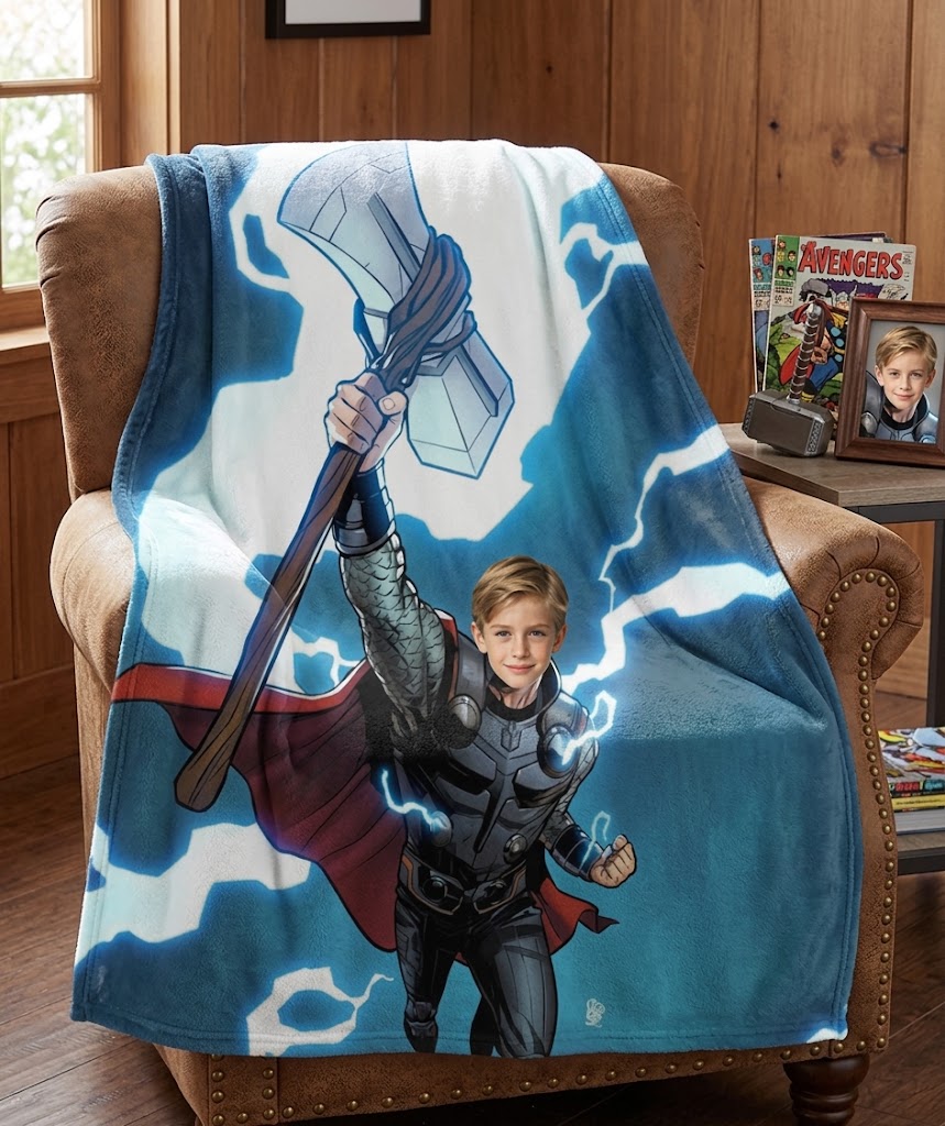 Custom Photo Thor Blanket, Upload Your Kid Photo Personalized Marvel Superhero Fleece Throw Blanket, Custom Kids Bed Sofa Birthday Gift