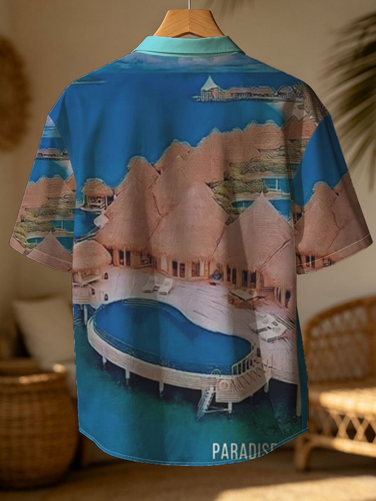 Overwater bungalows with private pools on a tropical island, surrounded by crystal blue waters and lush greenery. -  Shirt