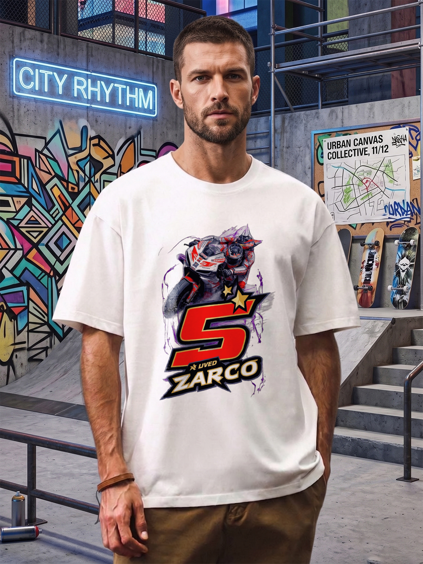 Men's Printed T-Shirt Featuring Motorcycle Racing Graphic with Number 5 and 