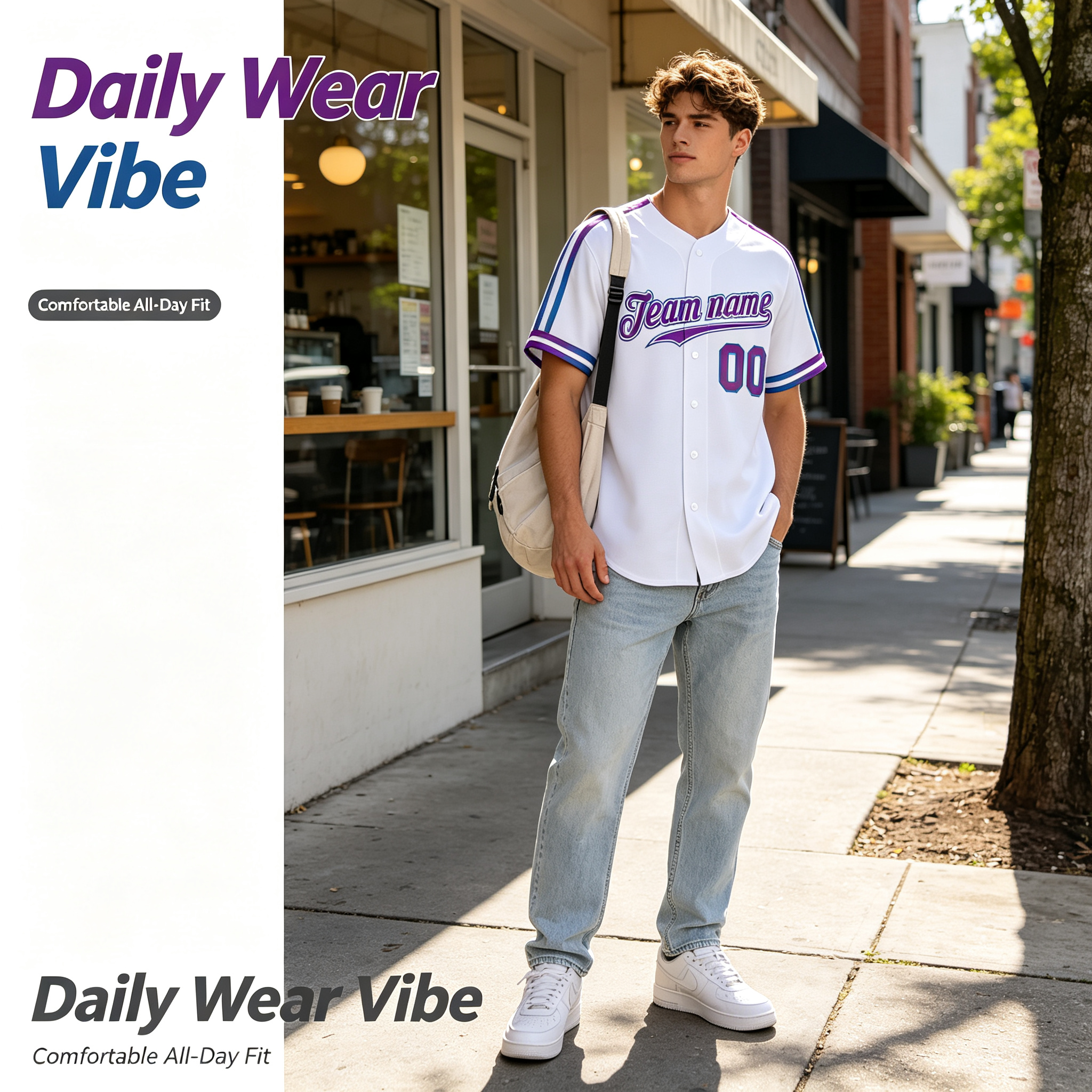 Custom Printed Kansas City Crown Letter Style Baseball Jersey White Gradient Blue Purple Button Down Shirt for Men and Women