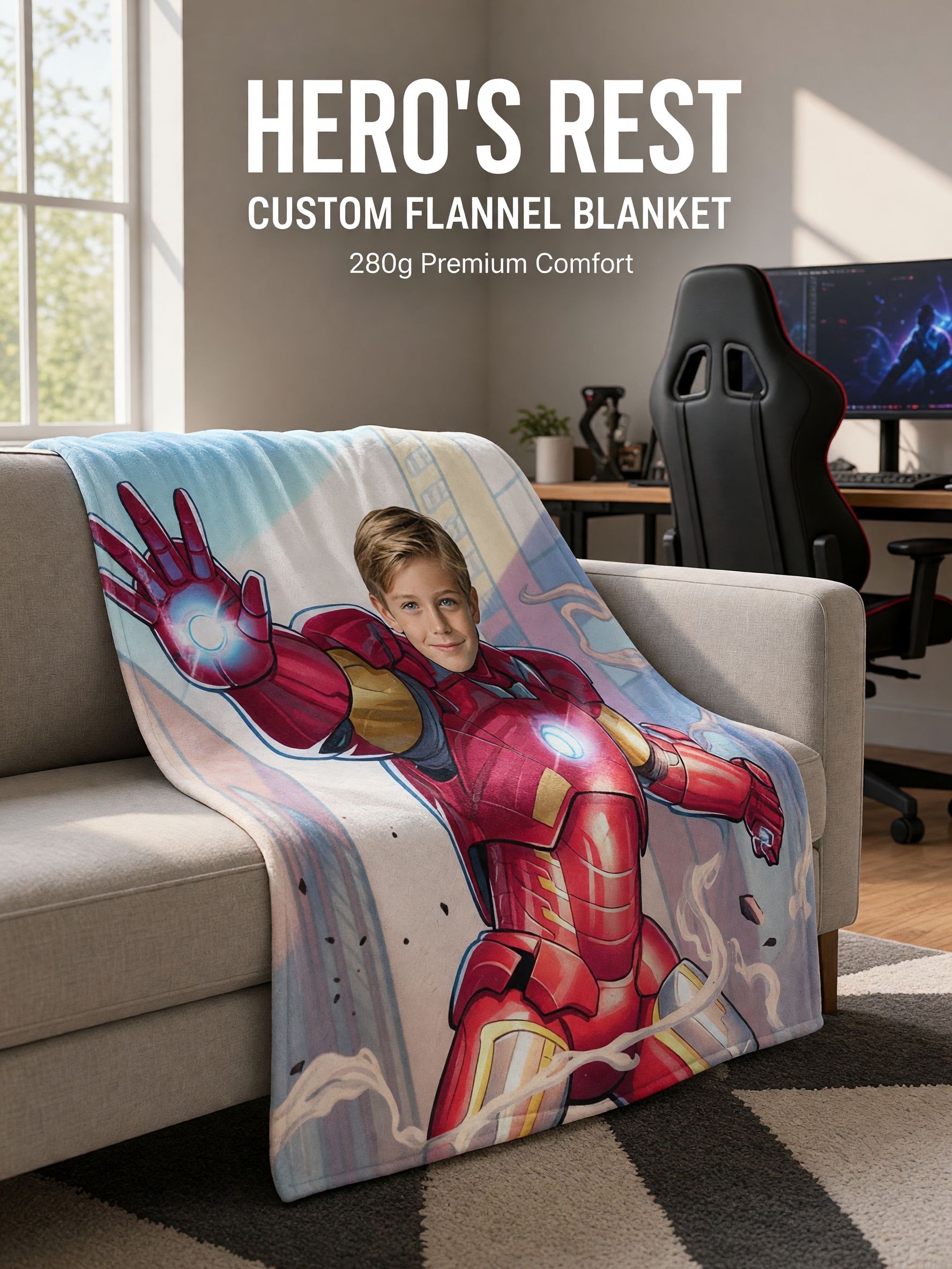 Custom Photo Face Superhero Flannel Throw Blanket Personalized Kids Bed Couch Fleece Cover Cozy Gift for Boys and Girls