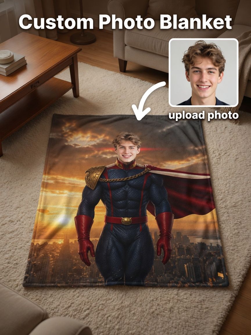 Custom Face Superhero Blanket Personalized Photo Flannel Throw Soft Warm Fleece Bed Couch Blanket Unique Gift for Him