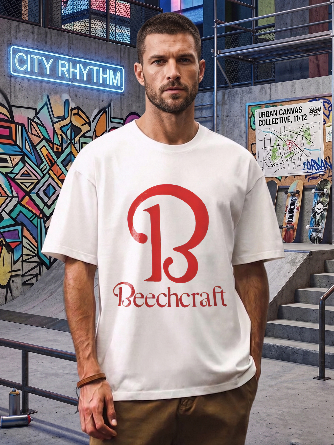 Men's Beechcraft Logo Print T-Shirt Casual Round Neck Lightweight Breathable Summer Short Sleeve Tee for Aviation Enthusiasts and Pilot Fans