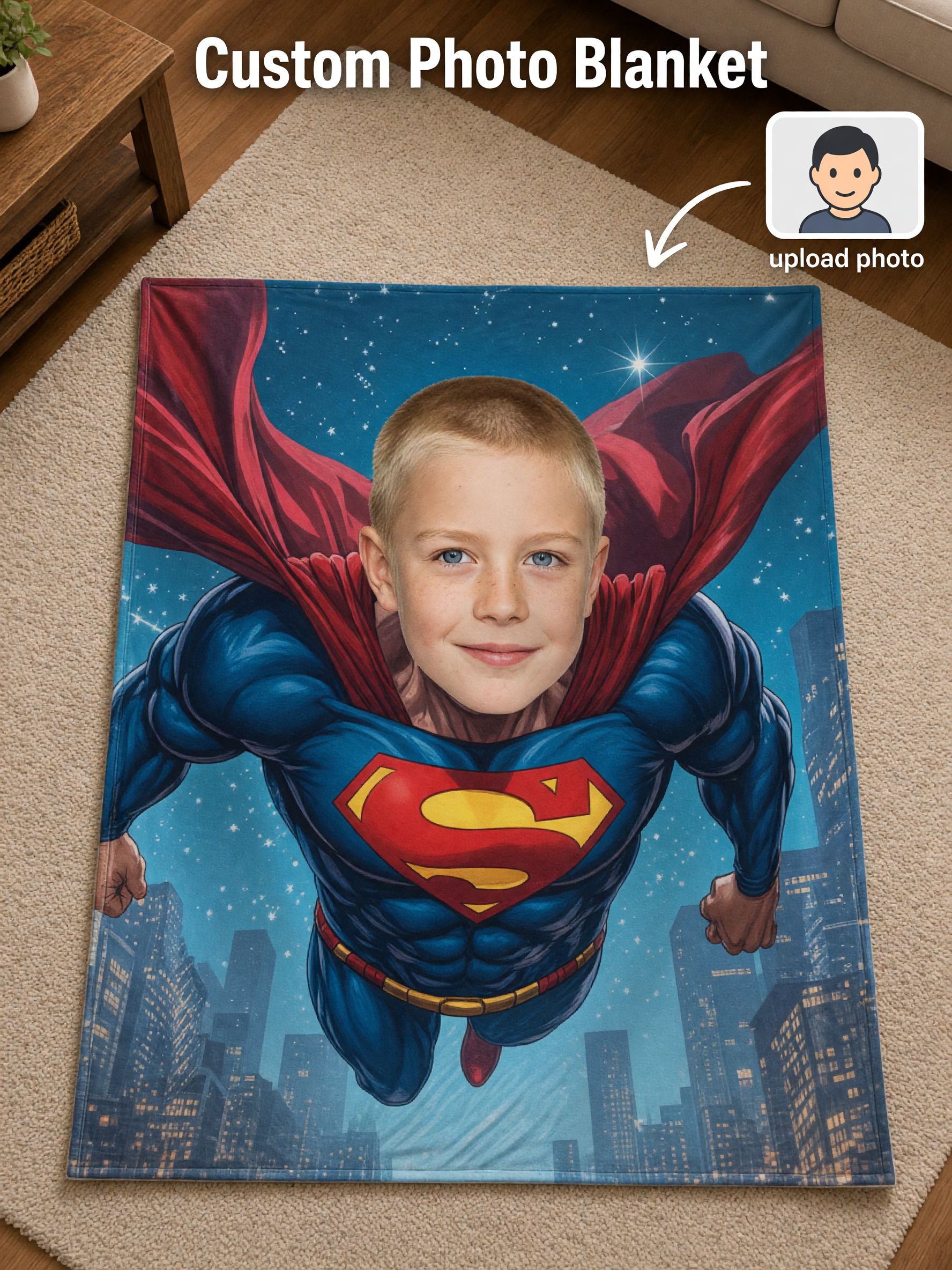Custom Photo Superhero Flannel Fleece Blanket Personalized Face Throw for Bed Couch Ideal Cozy Birthday Gift for Kids