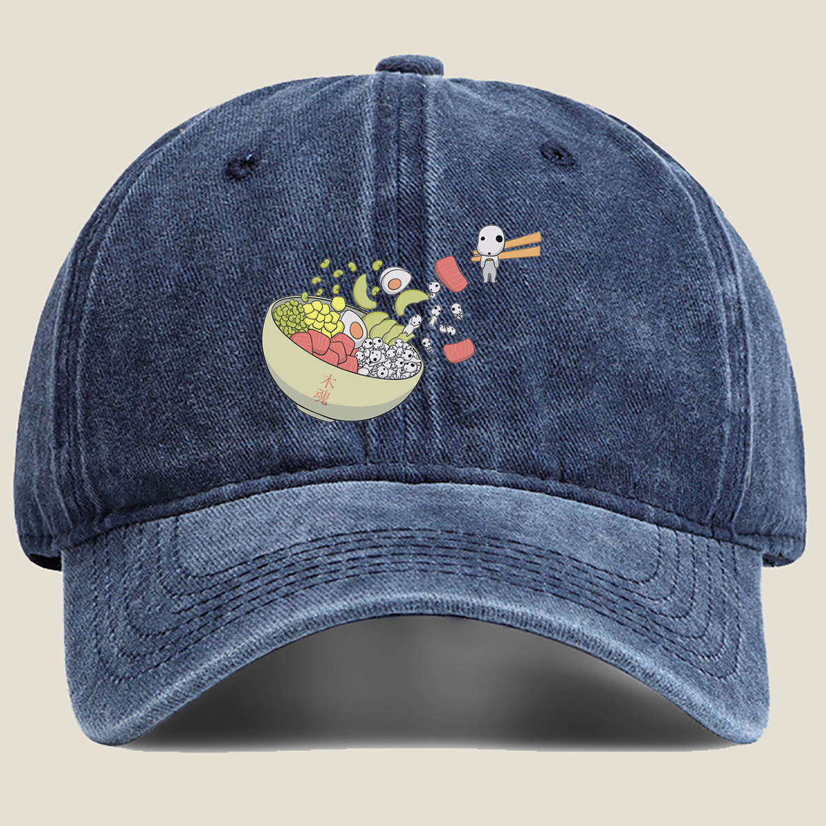 Kawaii Food Bowl with Kodama Characters - Washed Denim - Baseball Cap