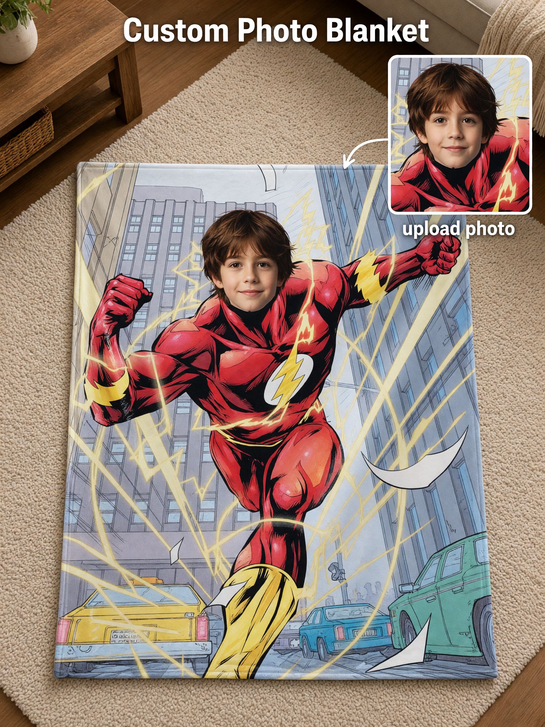 Custom Face Photo Blanket Personalized Superhero Comic Flannel Throw for Kids Adults Cozy Birthday Gift