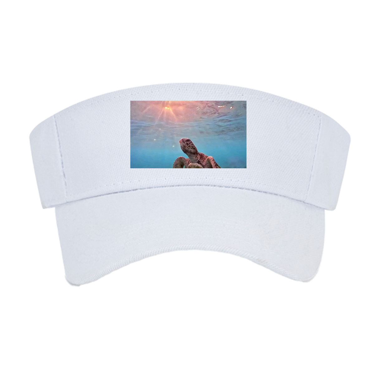 Sea turtle swims gracefully underwater as sunlight filters through the ocean surface. -  Visor cap