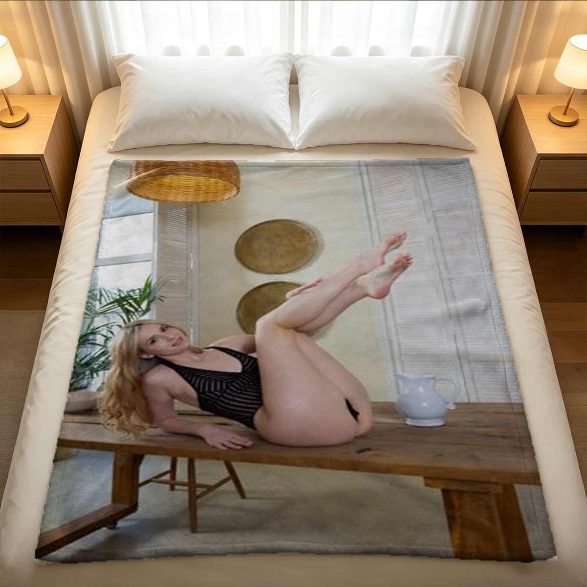 Bridal Lingerie Beauty Kneeling in Luxury Suite - Blanket