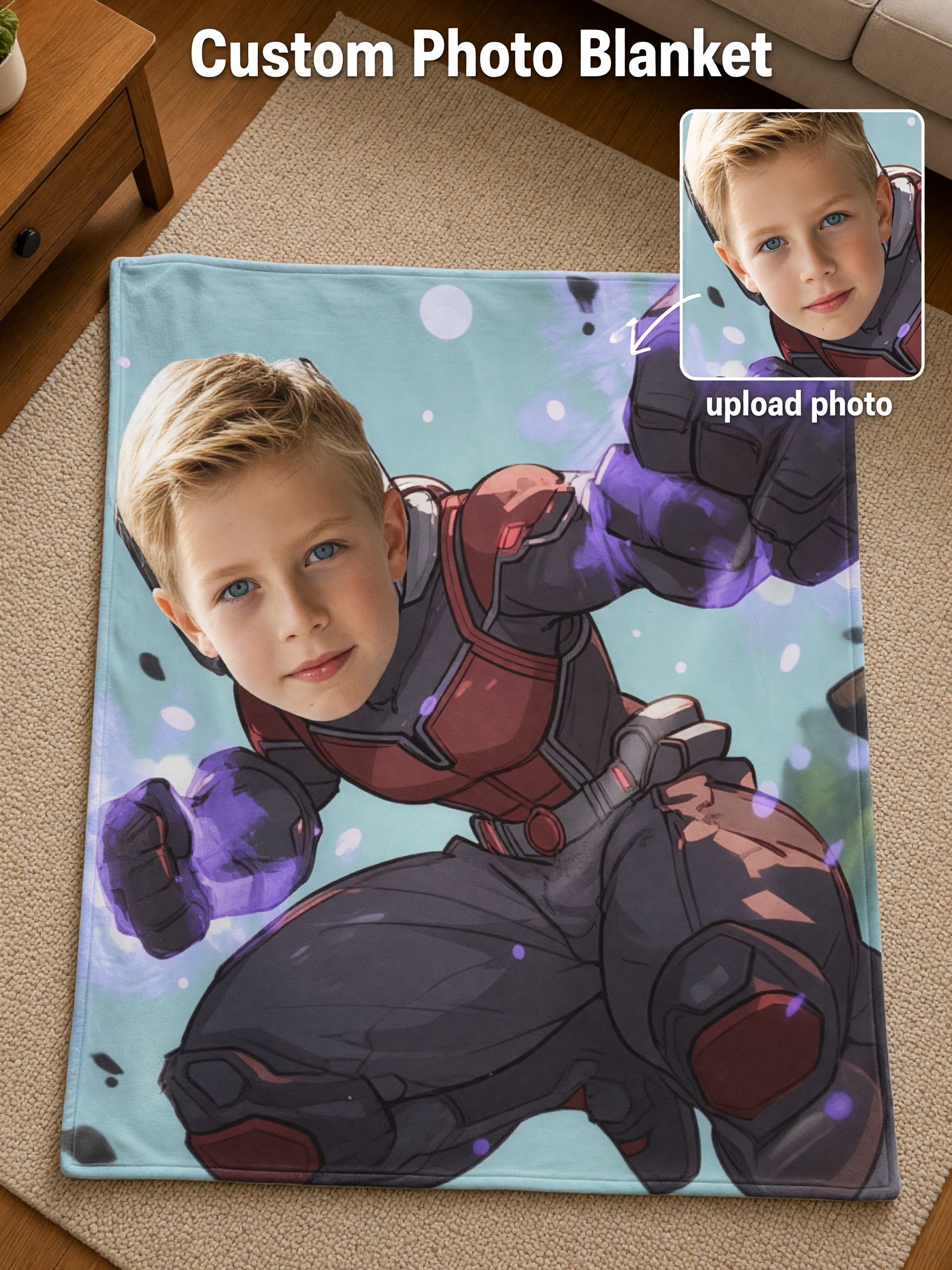 Custom Face Superhero Flannel Blanket, Ultra Soft Lightweight Throw, Ideal Personalized Keepsake Gift for Kids and Sofa