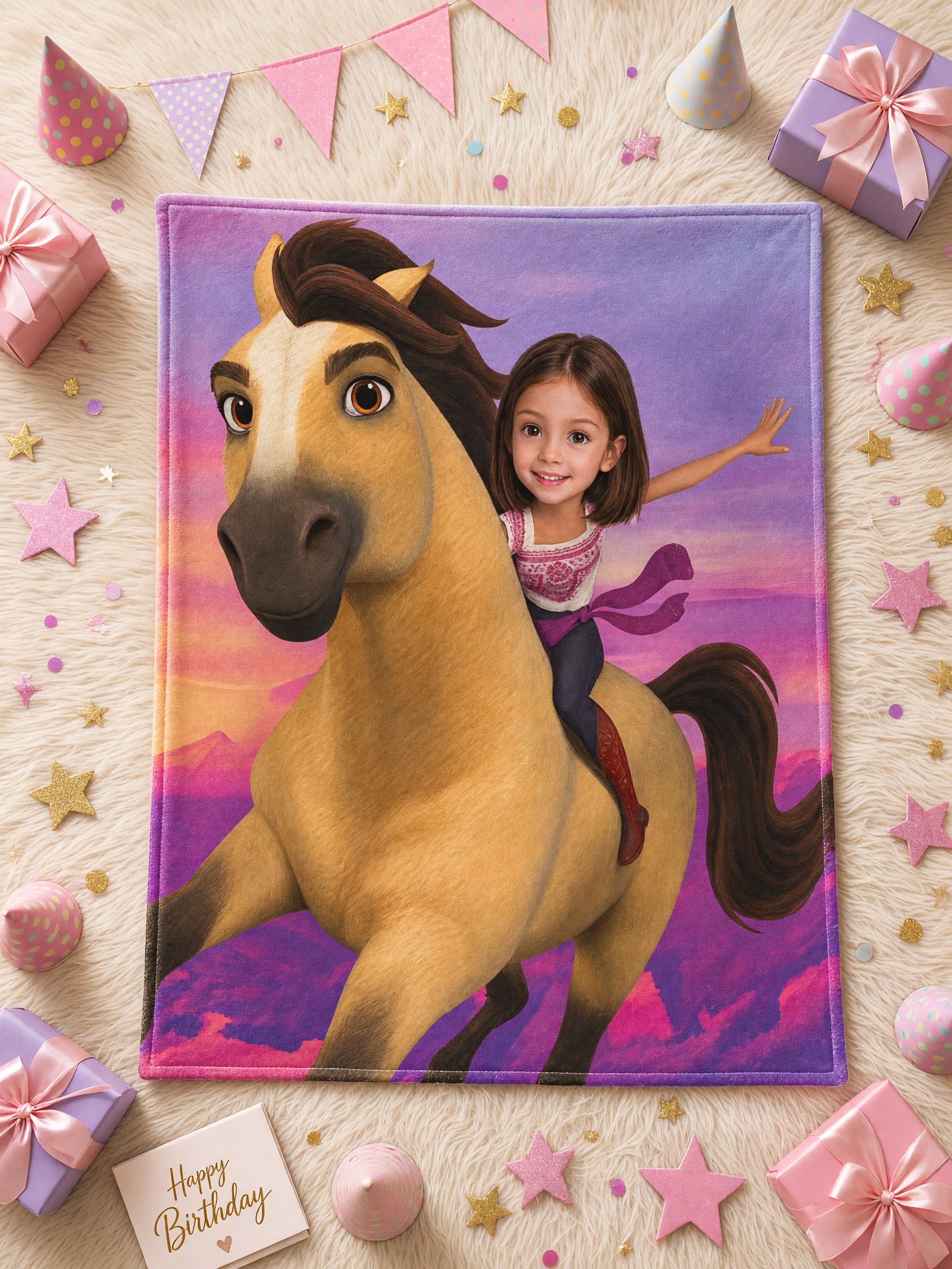 Custom Face Photo Blanket Personalized Horse Riding Cartoon Flannel Throw Cozy Plush Gift