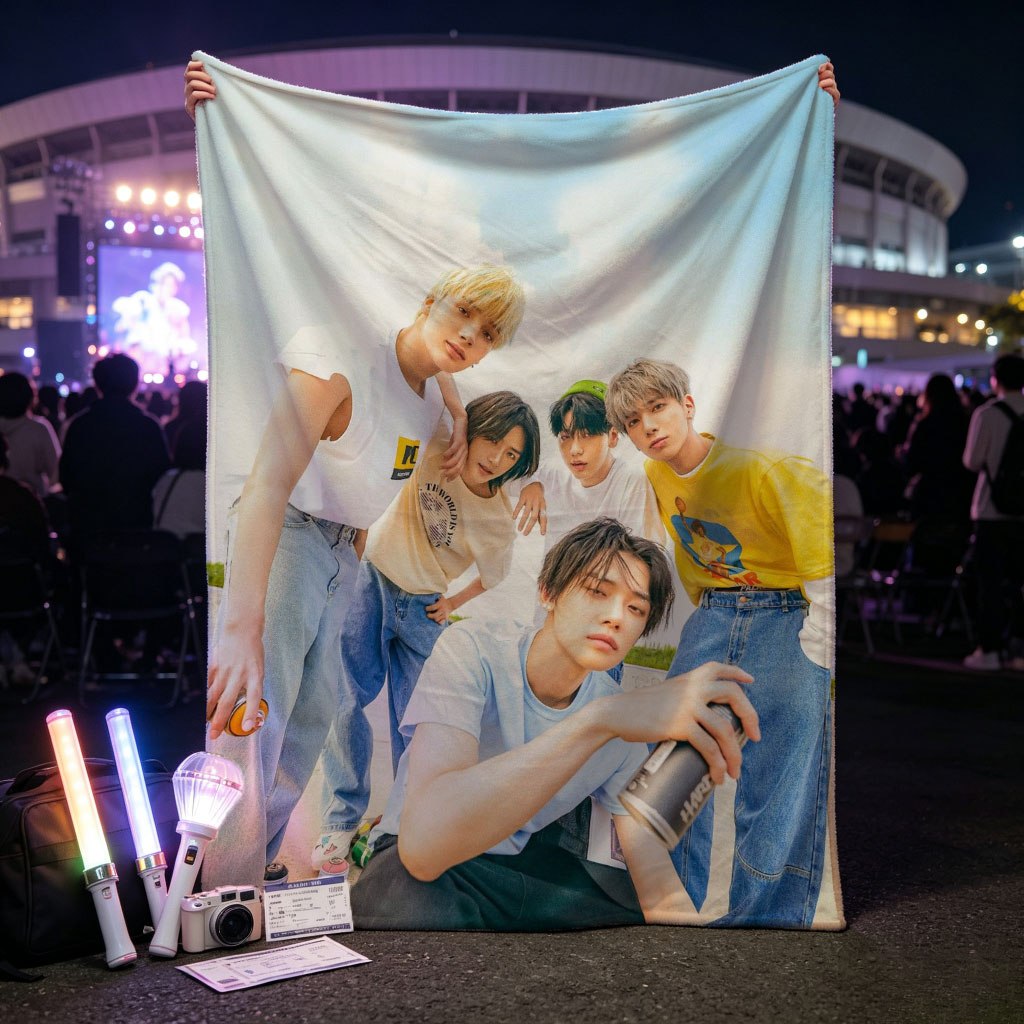TXT Members Outdoors in Casual Wear Holding Drinks Under Blue Sky - Blankets