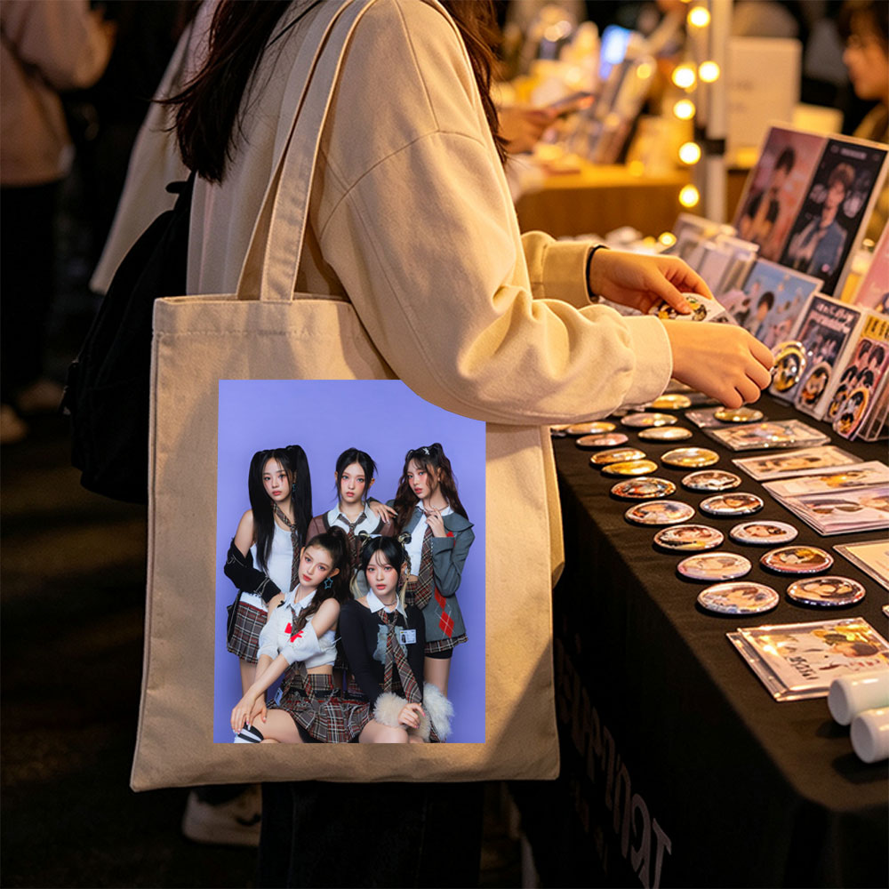 NewJeans School Uniform Concept Photo on Purple Background - Canvas tote bags