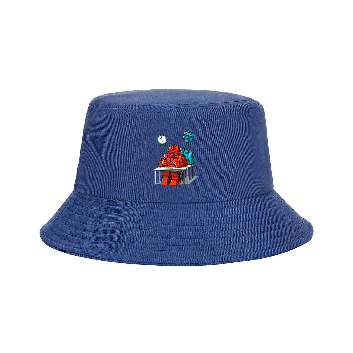 Red Robot Student at Desk with Blue Robot Friend - Fisherman's Hat