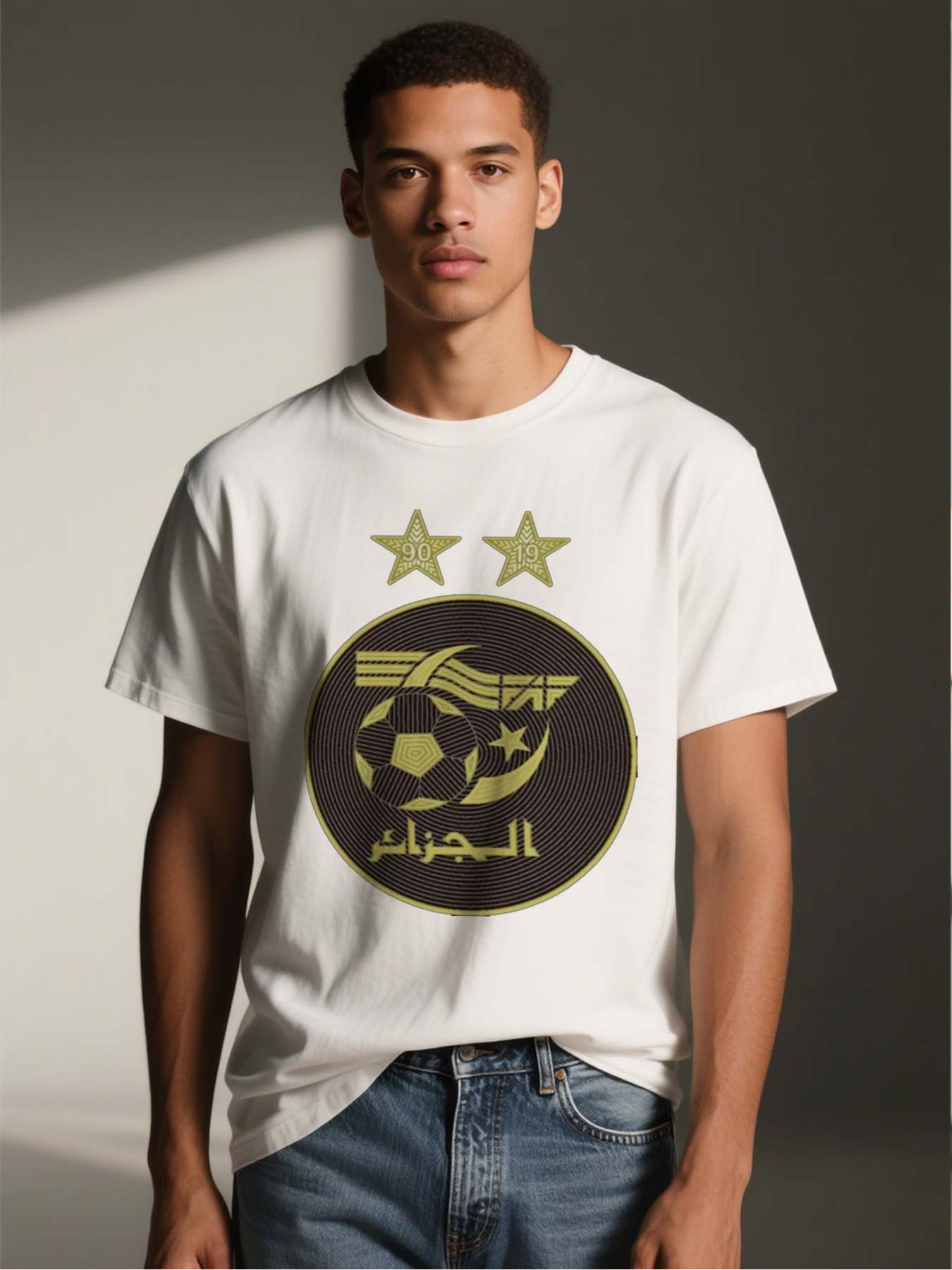 Men's Printed T-Shirt Algeria Football Crest Design Arabic Text 90-19 Stars Casual Round Neck Summer Lightweight Breathable Short Sleeve T-Shirt for Sports Fans and National Pride Enthusiasts